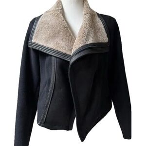 Vince Black Wool Moto Jacket - Lamb Shearling Collar / Leather Detailing